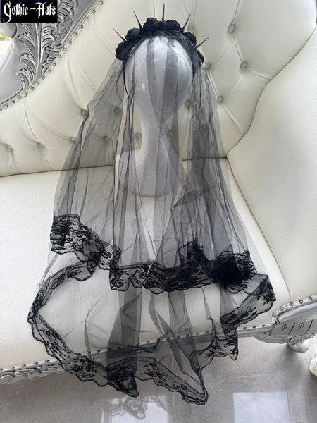 Spikes n Roses Headdress Veil Blk*
